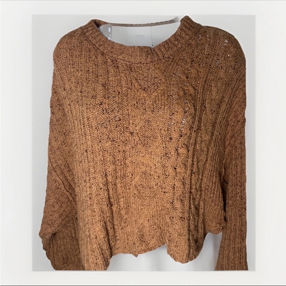Free People Brown Crew Neck Cable-Knit Sweater Small Women’s Oversized Chunky - Picture 3 of 9